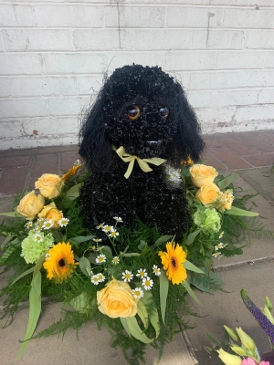 3D Black Dog on a Bed of Flowers