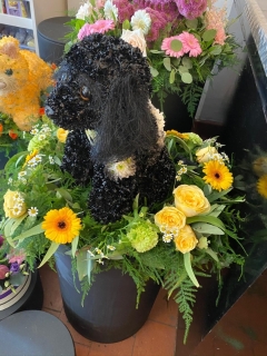 3D Black Dog on a Bed of Flowers