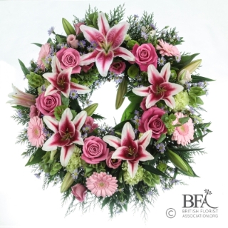 Pink Rose, Pink Lily and mixed flower Wreath